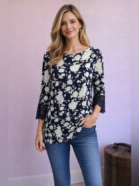 J. Jill Navy and White Floral Long Sleeve Top with Lace Detail